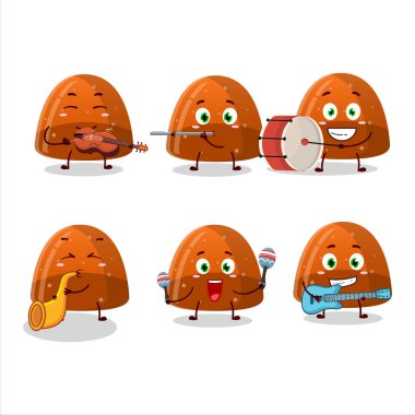 Portakallı jelibon şekerli çizgi film karakteri müzik enstrümanları çalıyor. Vektör illüstrasyonu