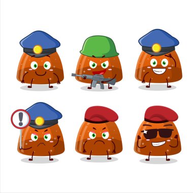 Turuncu jelibon şeker maskotu tasarımlı kendini işine adamış bir polis memuru. Vektör illüstrasyonu