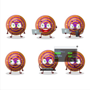 Turuncu sarımsaklı şeker programcısı tatlı çizgi film karakteriyle. Vektör illüstrasyonu