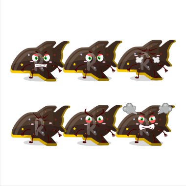 Çeşitli kızgın ifadeleri olan uçaktan çikolatalı şekerleme çizgi film karakteri. Vektör illüstrasyonu