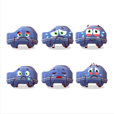 Hüzünlü suratlı mavi araba şekerli çizgi film karakteri. Vektör illüstrasyonu