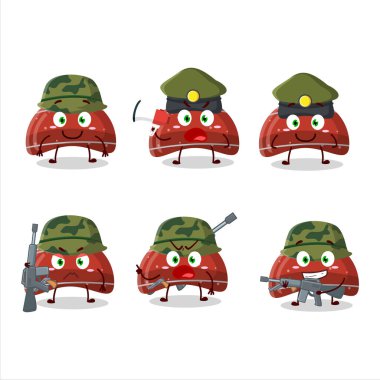 Çekici bir asker eğrisi kırmızı jelibon şekerli çizgi film resmi bir silah makinesi getiriyor. Vektör illüstrasyonu