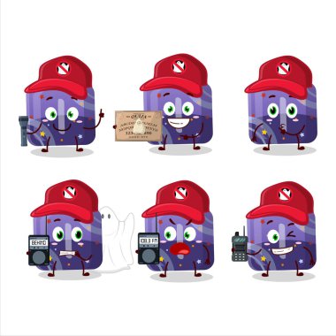 Hayalet avcısı çizgi film mor şekerleme karakteri kamera kullanıyor. Vektör illüstrasyonu