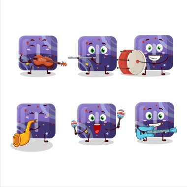 Mor şekerli çizgi film karakteri bazı müzik enstrümanları çalıyorum. Vektör illüstrasyonu