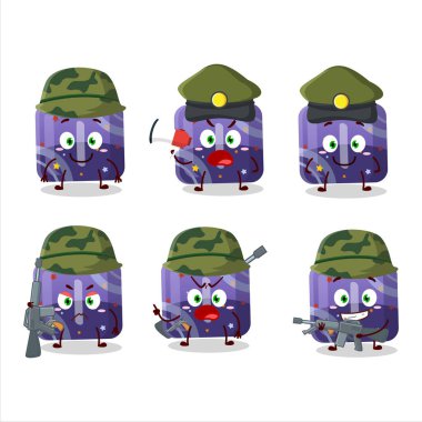 Çizgi filmdeki çekici bir asker mor jelibon şekeri bir silah makinesi getiriyor. Vektör illüstrasyonu