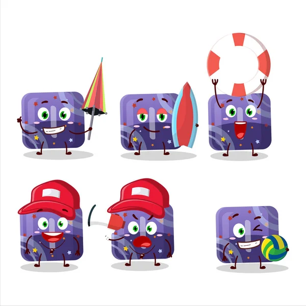 Happy Face Purple Gummy Candy Cartoon Character Playing Beach Vector — Vettoriale Stock