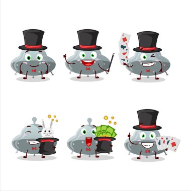 Bir UFO gri şekerleme sihirbaz çizgi film karakteri sahnede performans sergiliyor. Vektör illüstrasyonu