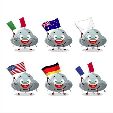 UFO grisi şekerleme çizgi film karakteri çeşitli ülkelerin bayraklarını getiriyor. Vektör illüstrasyonu