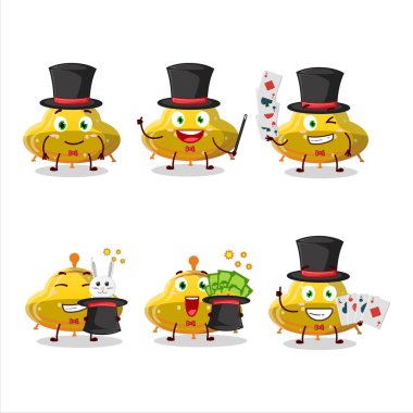 Bir UFO sarı şekerleme sihirbaz çizgi film karakteri sahnede performans sergiliyor. Vektör illüstrasyonu