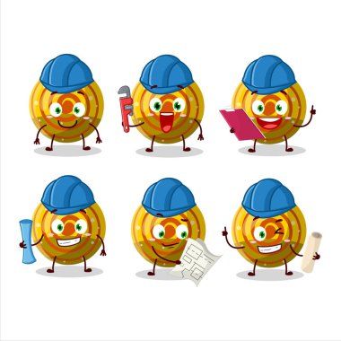 Mimar sarı spiral şekerli şeker sevimli maskotun pensesi var. Vektör illüstrasyonu