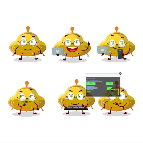 Ufo Amarelo Goma Doce Programador Bonito Personagem Desenho Animado Com — Vetor de Stock