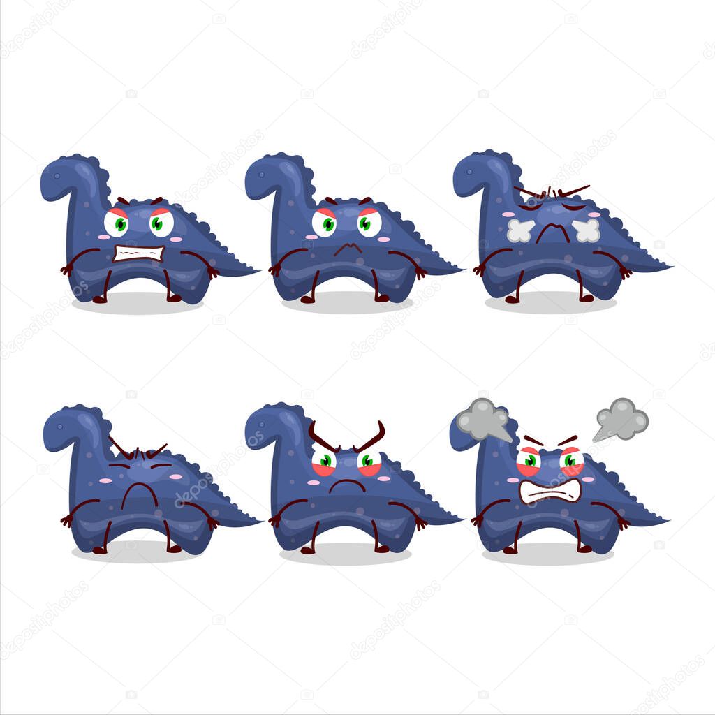 Blue dinosaur gummy candy cartoon character with various angry expressions. Vector illustration