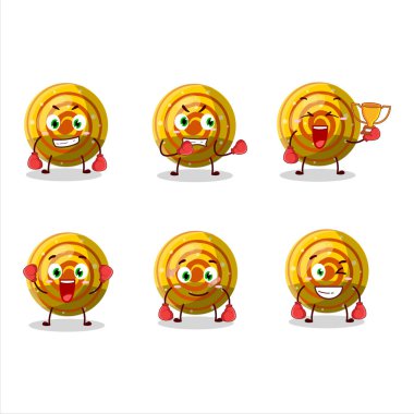 Sportif sarı spiral jelibon şekerli boks sporu sporcusu maskot tasarımı. Vektör illüstrasyonu