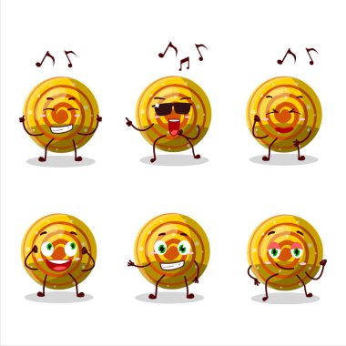 Sarı spiral şekerlemeli şeker dansçısı çizgi film karakterinin müzikten hoşlanışının görüntüsü. Vektör illüstrasyonu