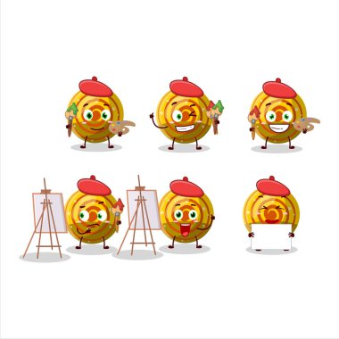 Sarı spiral jelibon çizgi film karakteri resimli fırça sanatçısı. Vektör illüstrasyonu