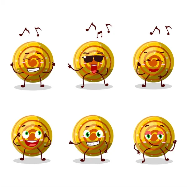 Sarı spiral şekerlemeli şeker dansçısı çizgi film karakterinin müzikten hoşlanışının görüntüsü. Vektör illüstrasyonu