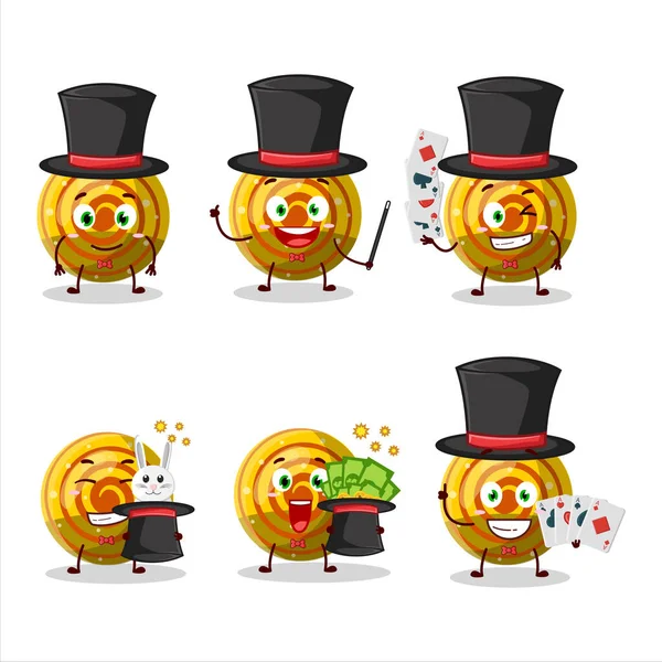 Yellow Spiral Gummy Candy Magician Cartoon Character Perform Stage Vector — Stockvektor