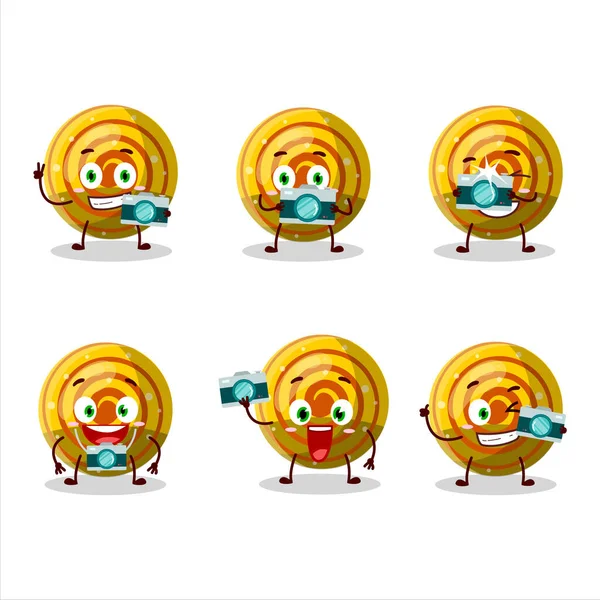 Photographer Profession Emoticon Yellow Spiral Gummy Candy Cartoon Character Vector — Stockvektor
