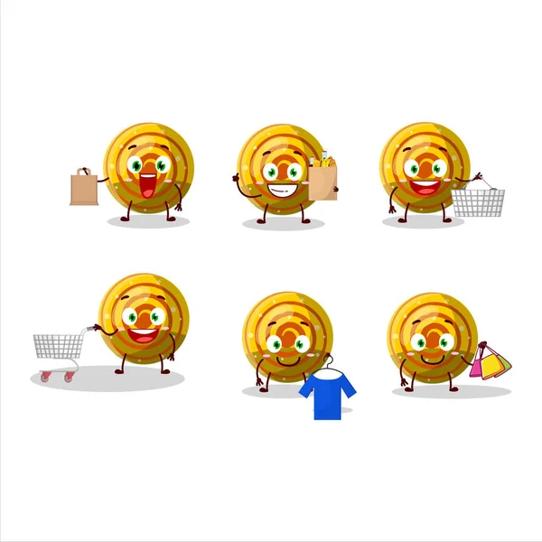 Rich Yellow Spiral Gummy Candy Mascot Design Style Going Shopping — Vetor de Stock