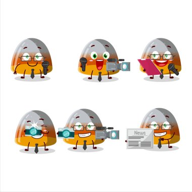 Karakter muhabiri sakızlı mısır gevreği. Mikrofonlu şirin maskot. Vektör illüstrasyonu