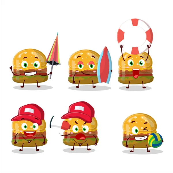 Happy Face Hamburger Gummy Candy Cartoon Character Playing Beach Vector — Vetor de Stock