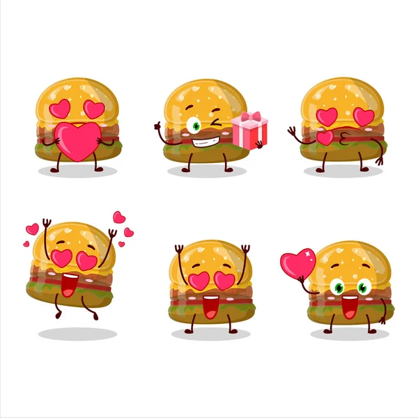 Hamburger gummy candy cartoon character with love cute emoticon — Stock Vector