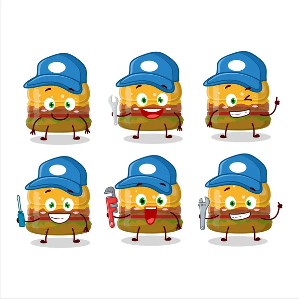 Mechanic hamburger gummy candy cute mascot character with pliers — Vettoriale Stock