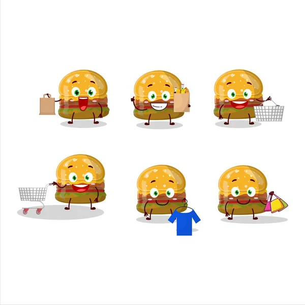 A Rich hamburger gummy candy mascot design style going shopping — Vettoriale Stock