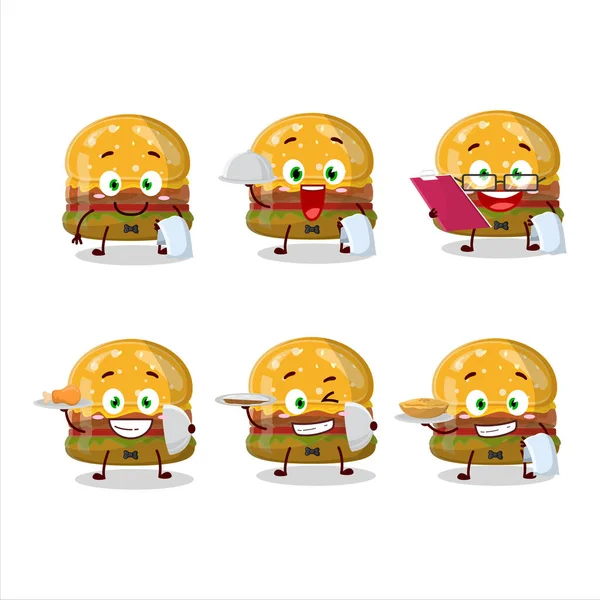 Feliz hamburguesa gomoso caramelo camarero personaje de dibujos animados sosteniendo un plato — Vector de stock