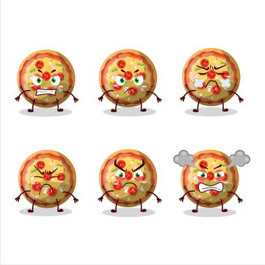 Değişik kızgın ifadeleri olan pizza şekerli çizgi film karakteri. Vektör illüstrasyonu