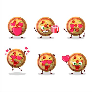 Sevgi dolu simgeli pizza şekerli çizgi film karakteri. Vektör illüstrasyonu