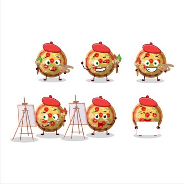 Pizza sakızı, çizgi film karakteri, fırçayla resim sanatçısı. Vektör illüstrasyonu