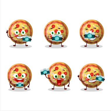 Fotoğrafçılık mesleği simgesi ve pizza şekerli çizgi film karakteri. Vektör illüstrasyonu