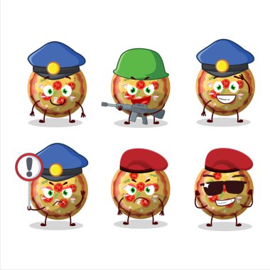 Kendini pizza şekerli maskot tasarımına adamış bir polis memuru. Vektör illüstrasyonu