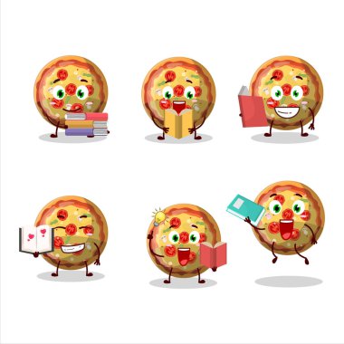 Komik bir kitap okuyan pizza şekerli çizgi film karakteri konsepti. Vektör illüstrasyonu