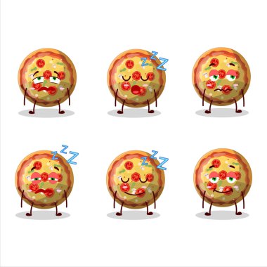Uykulu suratlı pizza şekerli çizgi film karakteri. Vektör illüstrasyonu