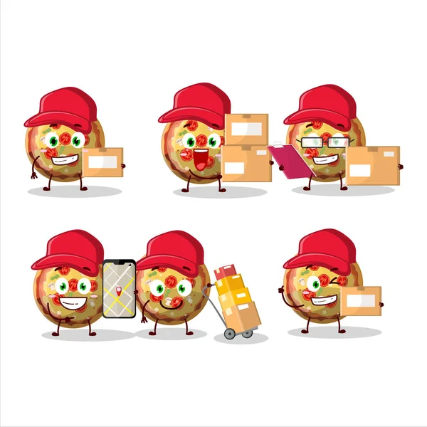 Diseño Personajes Dibujos Animados Pizza Caramelos Gomosos Trabajando Como Mensajero — Vector de stock