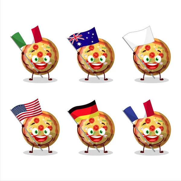 Pizza Gummy Candy Cartoon Karakter Brengen Vlaggen Van Verschillende Landen — Stockvector
