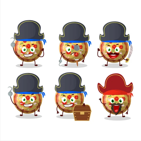 Personaje Dibujos Animados Pizza Caramelo Gomoso Con Varios Emoticonos Piratas — Vector de stock