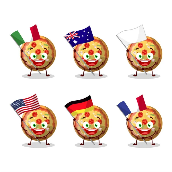 Pizza Gummy Candy Cartoon Character Bring Flags Various Countries Vector Vettoriale Stock