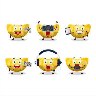 Portakallı şekerleme çizgi film karakteri çeşitli şirin duygu simgeleriyle oyunlar oynuyor. Vektör illüstrasyonu