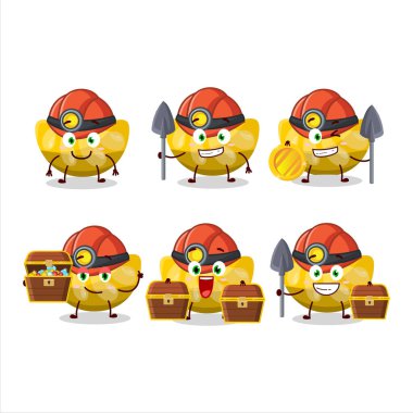 Madenciler portakallı şekerleme sevimli maskot karakter kask takıyor. Vektör illüstrasyonu