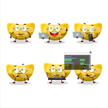 Portakallı şekerleme programcısı tatlı çizgi film karakteriyle. Vektör illüstrasyonu