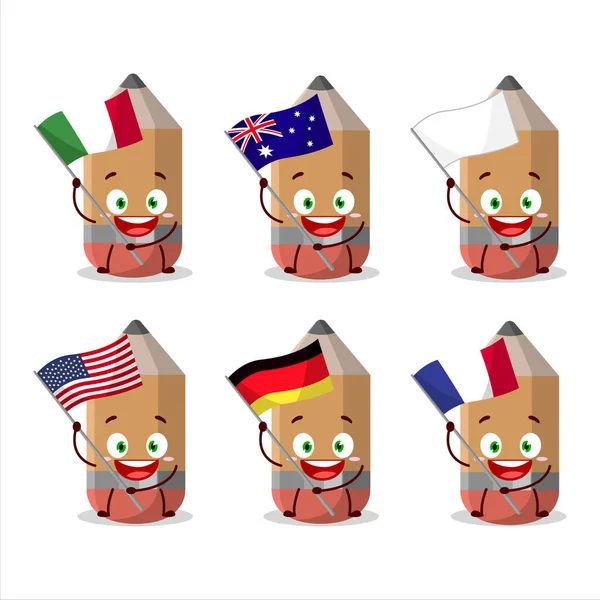 Pencil Cartoon Character Bring Flags Various Countries Vector Illustration — 图库矢量图片