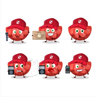 Hayalet avcısı çizgi film kırmızı turuncu şeker karakteri kamera kullanıyor. Vektör illüstrasyonu