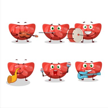 Kırmızı turuncu şekerli çizgi film karakteri bazı müzik enstrümanları çalıyor. Vektör illüstrasyonu