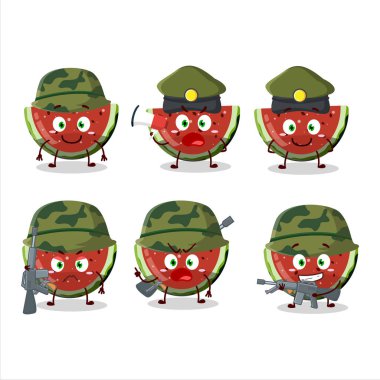 Çekici bir asker karpuz jelibon şekerli karikatür resmi bir silah makinesi getiriyor. Vektör illüstrasyonu