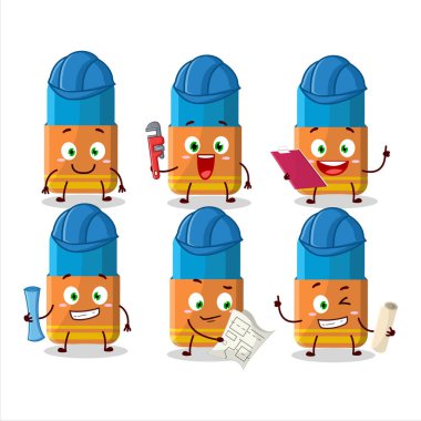 Mimar turuncu silgi, kerpetenle sevimli maskot karakteri. Vektör illüstrasyonu