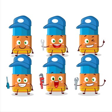 Mekanik turuncu silgi, kerpetenle sevimli maskot karakteri. Vektör illüstrasyonu