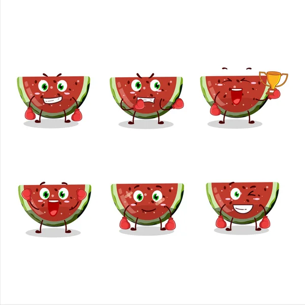 Sporty Watermelon Gummy Candy Boxing Athlete Cartoon Mascot Design Vector — стоковый вектор